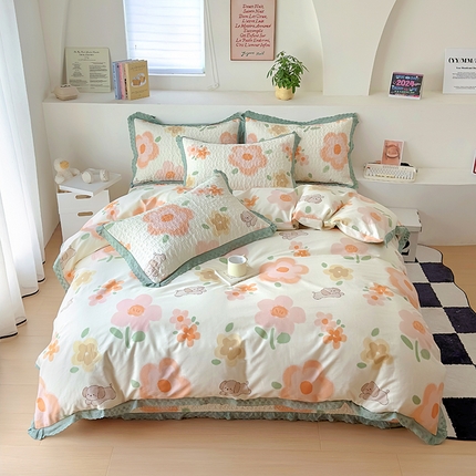 91家纺网 家纺一手货源 找家纺 （总）百寐 2024新中式全棉韩版花边床盖四件套单床盖单被套