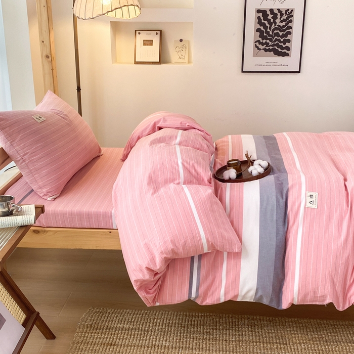 91家纺网 家纺一手货源 找家纺 21度C 2024新款色织全棉水洗棉学生三件套 豆蔻粉