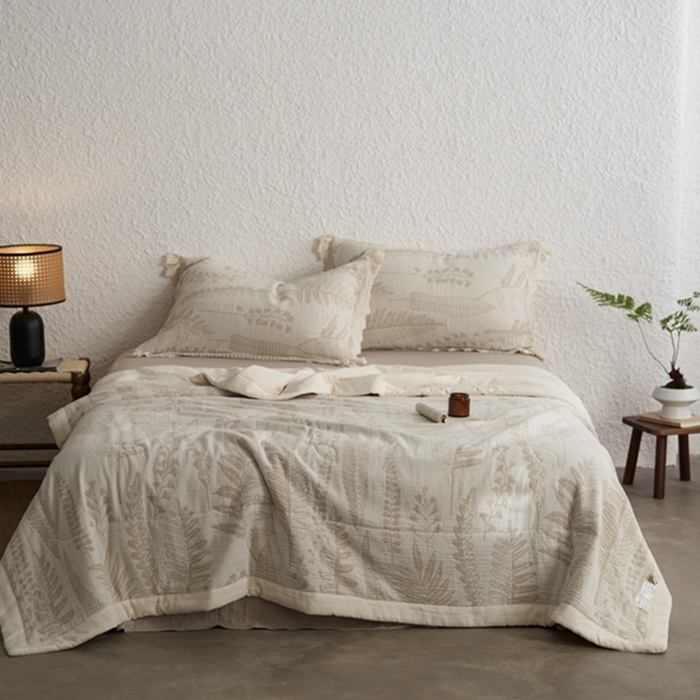 91家纺网 家纺一手货源 找家纺 2024新款亚麻大提花全新系列多功能夏被 铃兰颂米白色-包边款