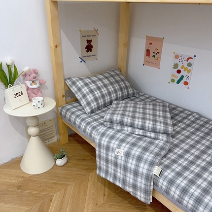 有货 2024新款水洗全棉学生大豆夏被被套床盖三件套 中灰格