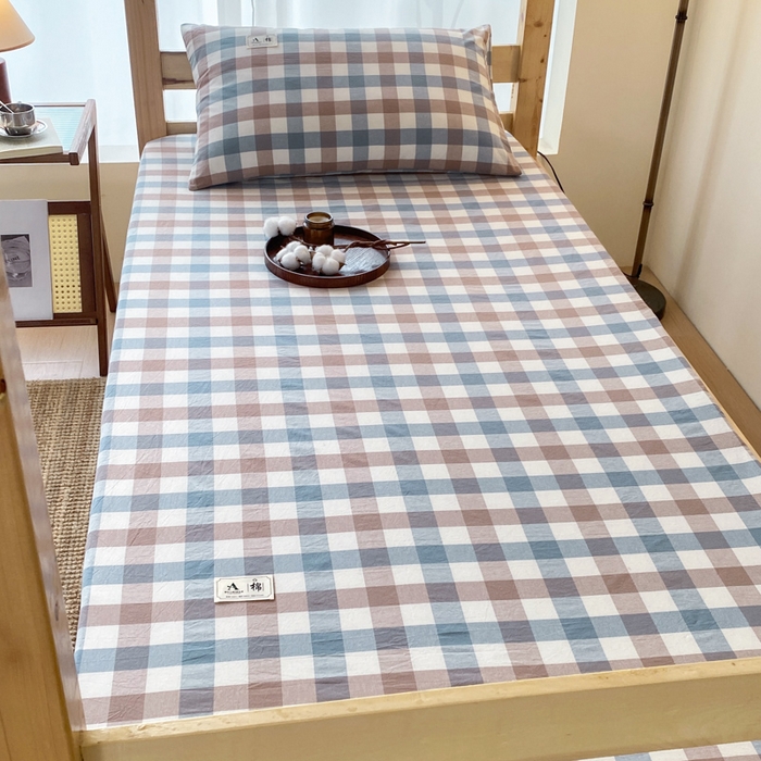 91家纺网 家纺一手货源 找家纺 21度C 2024新款色织全棉学生床笠 蓝咖格