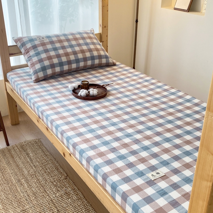 91家纺网 家纺一手货源 找家纺 21度C 2024新款色织全棉学生床笠 蓝咖格