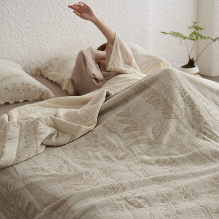 91家纺网 家纺一手货源 找家纺 2024新款亚麻大提花全新系列多功能夏被 铃兰颂米白色-包边款