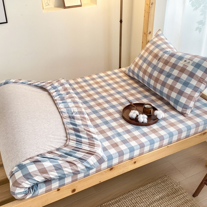 91家纺网 家纺一手货源 找家纺 21度C 2024新款色织全棉学生床笠 蓝咖格