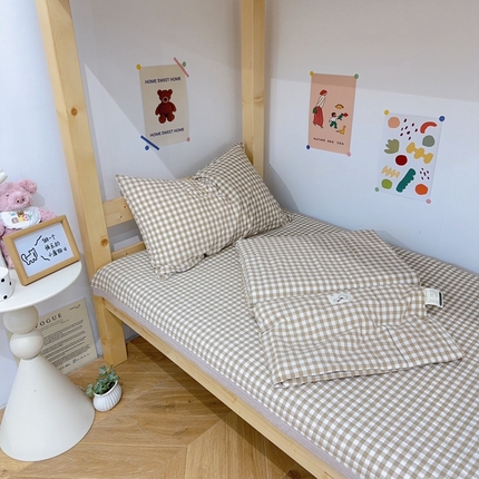 有货 2024新款水洗全棉学生大豆夏被被套床盖三件套 咖小格