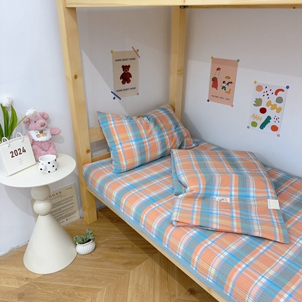 有货 2024新款水洗全棉学生大豆夏被被套床盖三件套 桔大格