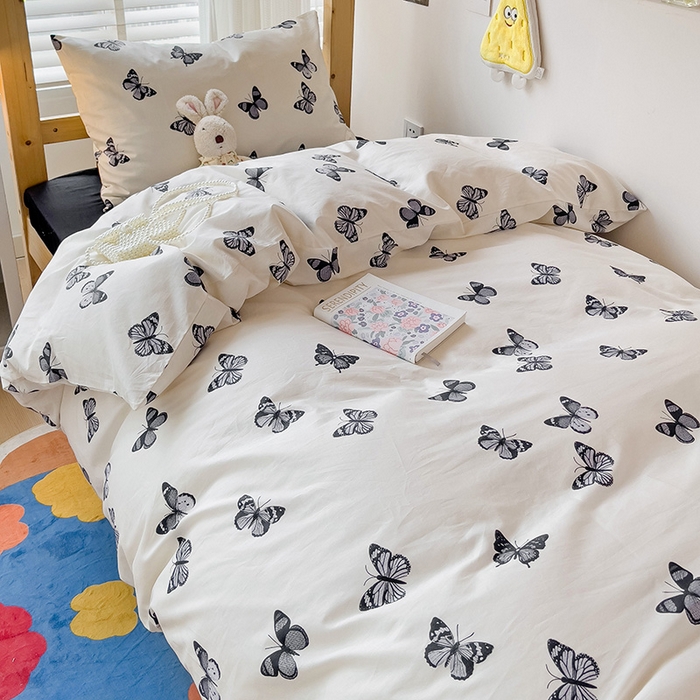 91家纺网 家纺一手货源 找家纺 梦家居 2024新款全棉简约风学生宿舍三件套 蝶影