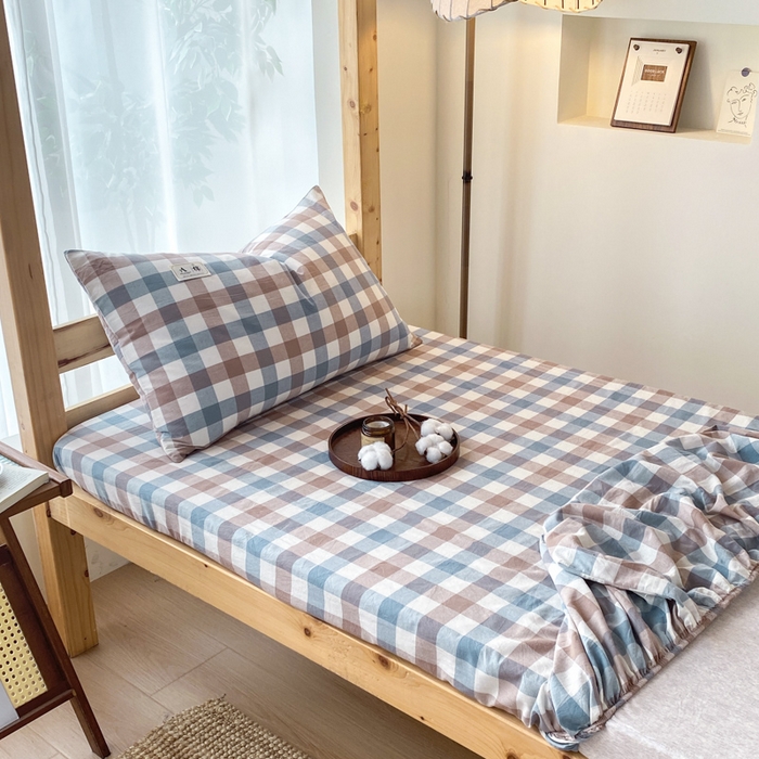 91家纺网 家纺一手货源 找家纺 21度C 2024新款色织全棉学生床笠 蓝咖格