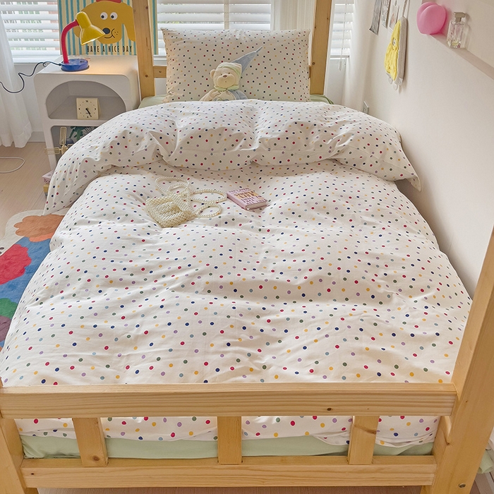 91家纺网 家纺一手货源 找家纺 梦家居 2024新款全棉简约风学生宿舍三件套 彩色点点