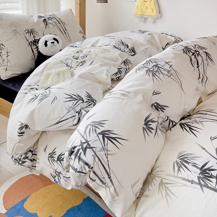 91家纺网 家纺一手货源 找家纺 梦家居 2024新款全棉简约风学生宿舍三件套 墨竹-黑色