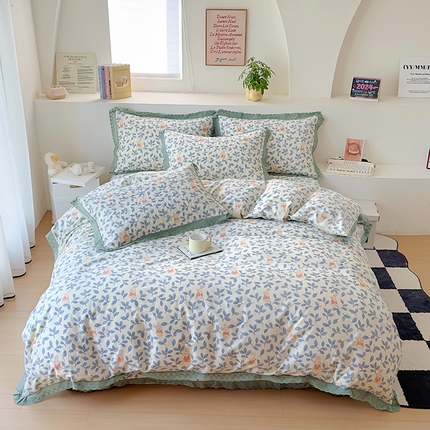 91家纺网 家纺一手货源 找家纺 百寐 2024新中式全棉韩版花边床盖四件套单床盖单被套 萌萌兔