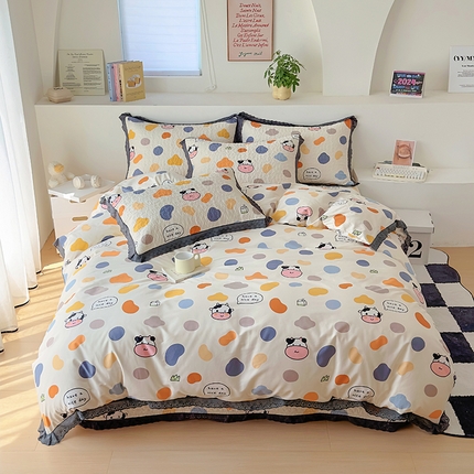 91家纺网 家纺一手货源 找家纺 （总）百寐 2024新中式全棉韩版花边床盖四件套单床盖单被套