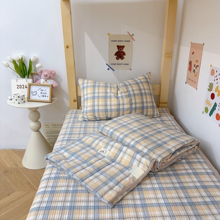 有货 2024新款水洗全棉学生大豆夏被被套床盖三件套 米中格