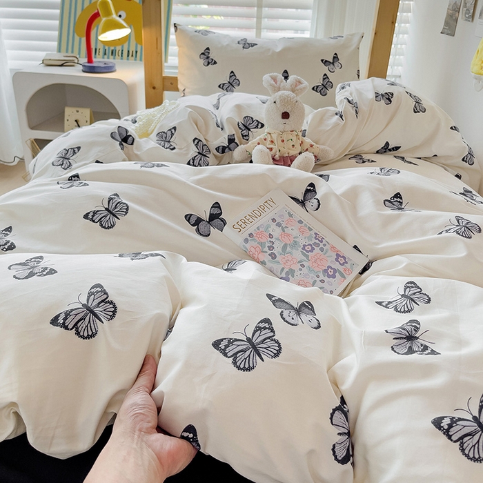 91家纺网 家纺一手货源 找家纺 梦家居 2024新款全棉简约风学生宿舍三件套 蝶影