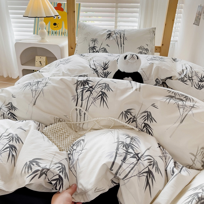 91家纺网 家纺一手货源 找家纺 梦家居 2024新款全棉简约风学生宿舍三件套 墨竹-黑色