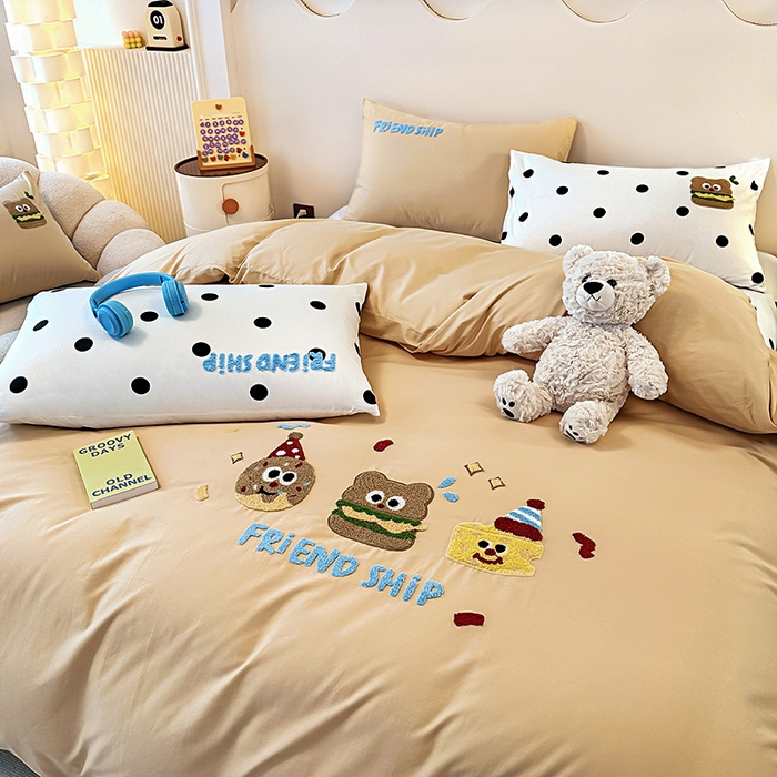 91家纺网 家纺一手货源 找家纺 大境 2024新款毛巾绣全棉纯棉学生三件套四件套 曲奇饼干-浅咖