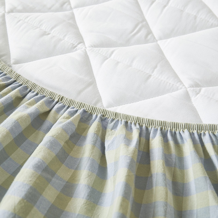 91家纺网 家纺一手货源 找家纺 3C 2024新款全棉水洗棉色织大豆夹棉抗菌床笠 灰绿小格