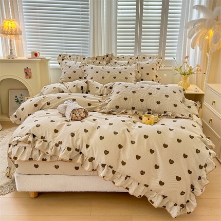 宜凡家纺 2024新款全棉印花公主风夹棉床笠四件套 心悦 咖啡