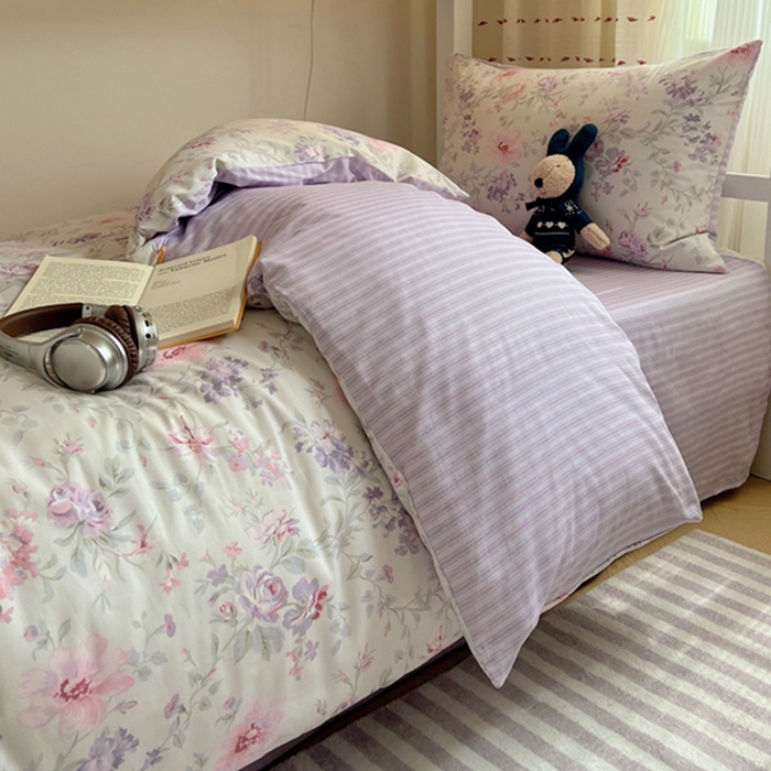 91家纺网 家纺一手货源 找家纺 富瑞阁2024新款13070学生宿舍全棉三件套 紫色花香