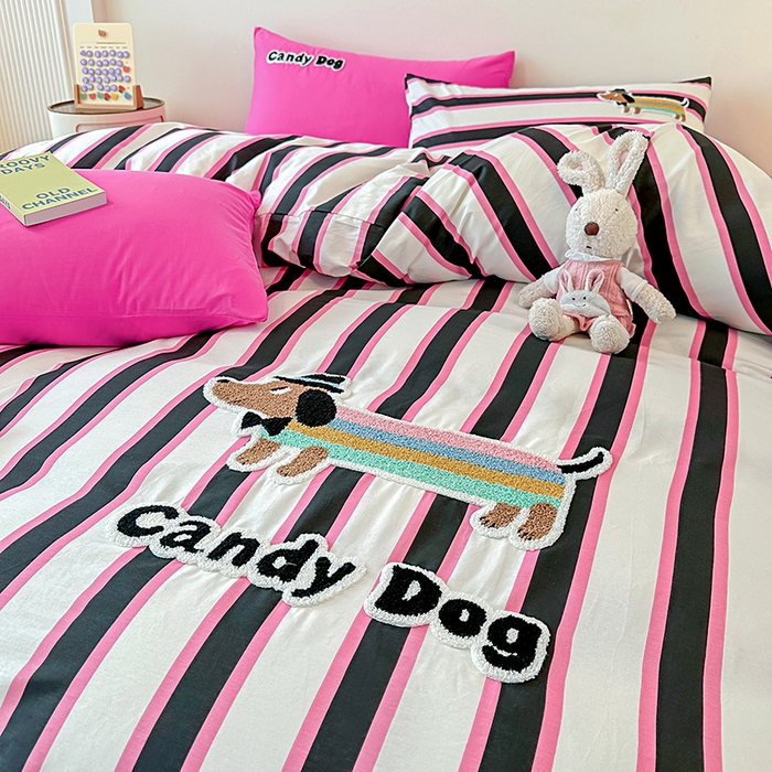 91家纺网 家纺一手货源 找家纺 大境 2024新款毛巾绣全棉纯棉学生三件套四件套 炫彩DOG-彩条