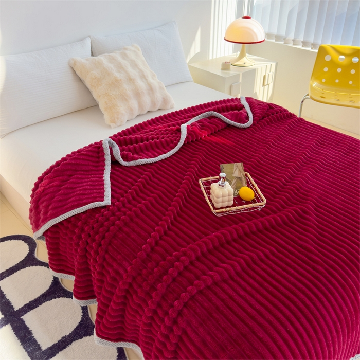 91家纺网 家纺一手货源 找家纺 灰鲸 2025新款A类加厚罗马纹豆豆剪花兔绒毛毯 兔绒-罗马纹中国红