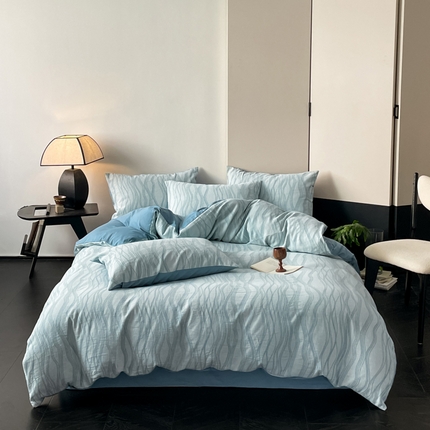 91家纺网 家纺一手货源 找家纺 莱茵家居 2024新款40sA类全棉水洗绵三层纱提花四件套-流年系列 流年-潮汐蓝