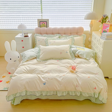 韩都家居 2024新款ins韩系水洗云朵棉刺绣四件套【蝶影仙踪】 蝶影仙踪-绿