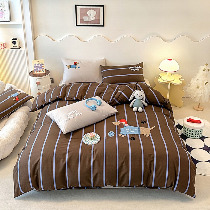 91家纺网 家纺一手货源 找家纺 大境 2024新款毛巾绣全棉纯棉学生三件套四件套 小腊条-咖条