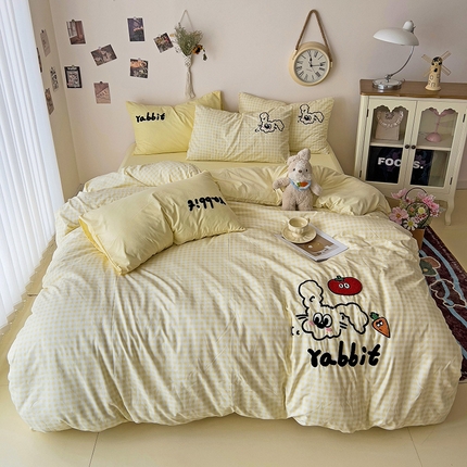 91家纺网 家纺一手货源 找家纺 尤米 2024新款可爱萝卜兔水洗棉毛巾绣四件套 萝卜兔-嫩黄