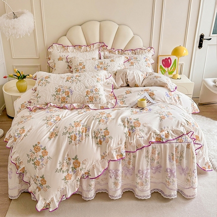 91家纺网 家纺一手货源 找家纺 （总）宜凡家纺 2024新款全棉印花公主风夹棉床裙四件套