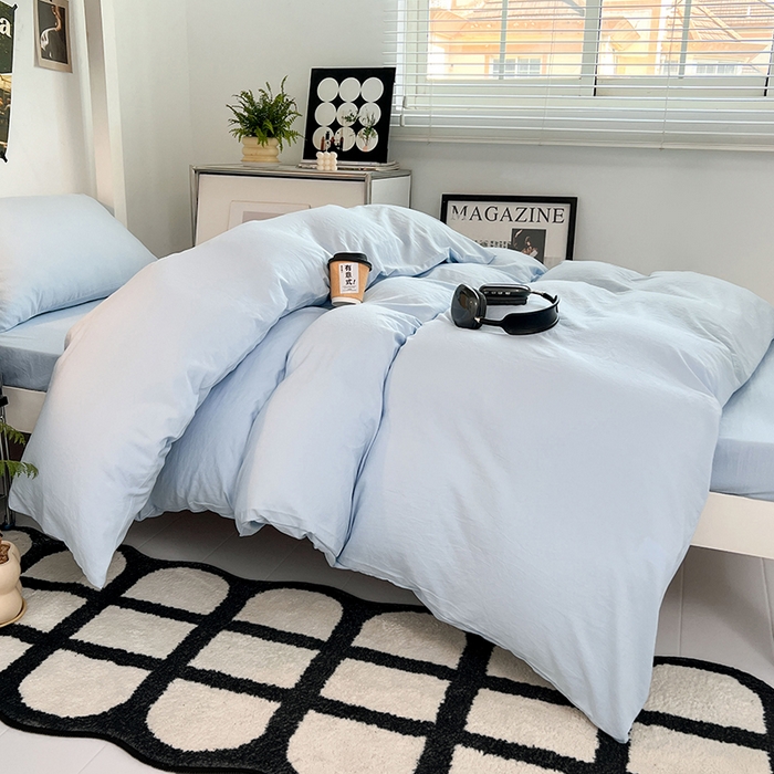 91家纺网 家纺一手货源 找家纺 贝拉梦家纺 2024新款褶皱炒鸡糯纯色水洗棉学生床三件套 马卡龙蓝