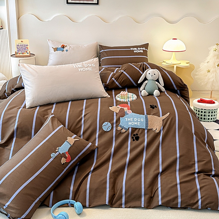 91家纺网 家纺一手货源 找家纺 大境 2024新款毛巾绣全棉纯棉学生三件套四件套 小腊条-咖条