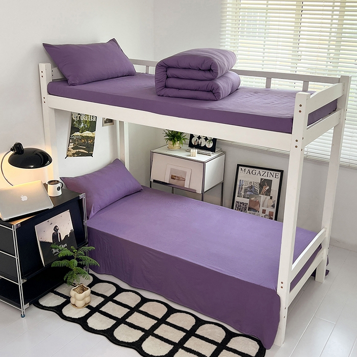 91家纺网 家纺一手货源 找家纺 贝拉梦家纺 2024新款褶皱炒鸡糯纯色水洗棉学生床三件套 风信紫