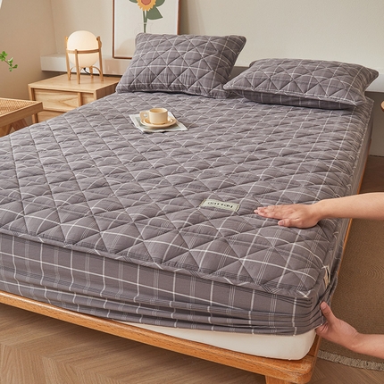 3C 2024新款全棉水洗棉色织大豆夹棉抗菌床笠 千茉灰