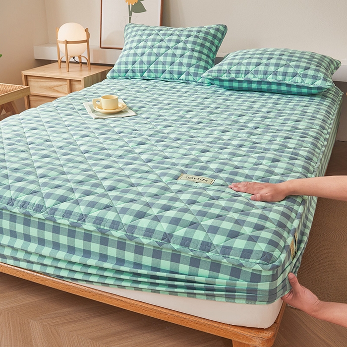 91家纺网 家纺一手货源 找家纺 3C 2024新款全棉水洗棉色织大豆夹棉抗菌床笠 妍彩翠灰