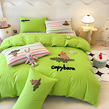 91家纺网 家纺一手货源 找家纺 大境 2024新款毛巾绣全棉纯棉学生三件套四件套 小快乐-果绿