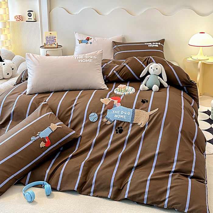 91家纺网 家纺一手货源 找家纺 大境 2024新款毛巾绣全棉纯棉学生三件套四件套 小腊条-咖条