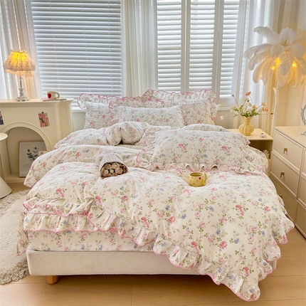 宜凡家纺 2024新款全棉印花公主风夹棉床笠四件套 生如夏花