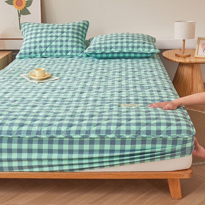 91家纺网 家纺一手货源 找家纺 3C 2024新款全棉水洗棉色织大豆夹棉抗菌床笠 妍彩翠灰