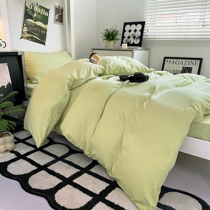 91家纺网 家纺一手货源 找家纺 贝拉梦家纺 2024新款褶皱炒鸡糯纯色水洗棉学生床三件套 香草冰激凌