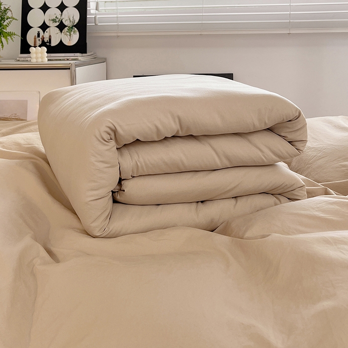 91家纺网 家纺一手货源 找家纺 贝拉梦家纺 2024新款褶皱炒鸡糯纯色水洗棉学生床三件套 可可蛋奶