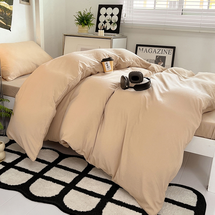 91家纺网 家纺一手货源 找家纺 贝拉梦家纺 2024新款褶皱炒鸡糯纯色水洗棉学生床三件套 可可蛋奶