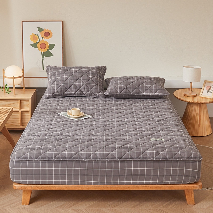 91家纺网 家纺一手货源 找家纺 3C 2024新款全棉水洗棉色织大豆夹棉抗菌床笠 千茉灰