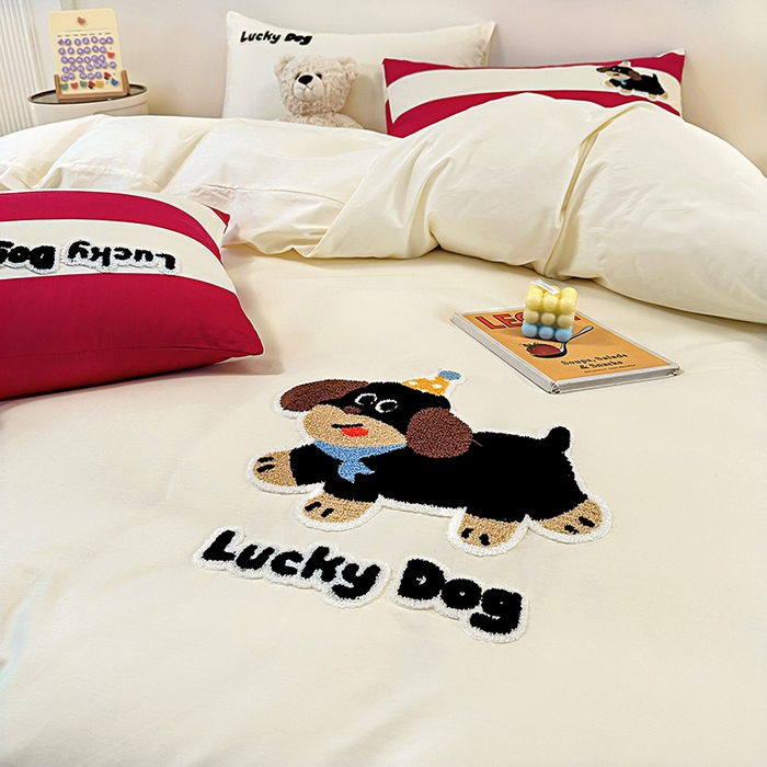 91家纺网 家纺一手货源 找家纺 大境 2024新款毛巾绣全棉纯棉学生三件套四件套 幸运狗-奶油