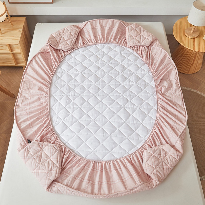 91家纺网 家纺一手货源 找家纺 3C 2024新款全棉水洗棉色织大豆夹棉抗菌床笠 半夏浅粉