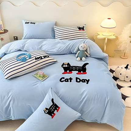 大境 2024新款毛巾绣全棉纯棉学生三件套四件套 幸运猫-浅蓝