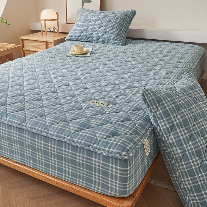 91家纺网 家纺一手货源 找家纺 3C 2024新款全棉水洗棉色织大豆夹棉抗菌床笠 花漾兰灰