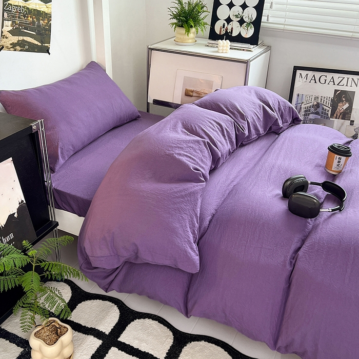 91家纺网 家纺一手货源 找家纺 （总）贝拉梦家纺 2024新款褶皱炒鸡糯纯色水洗棉学生床三件套