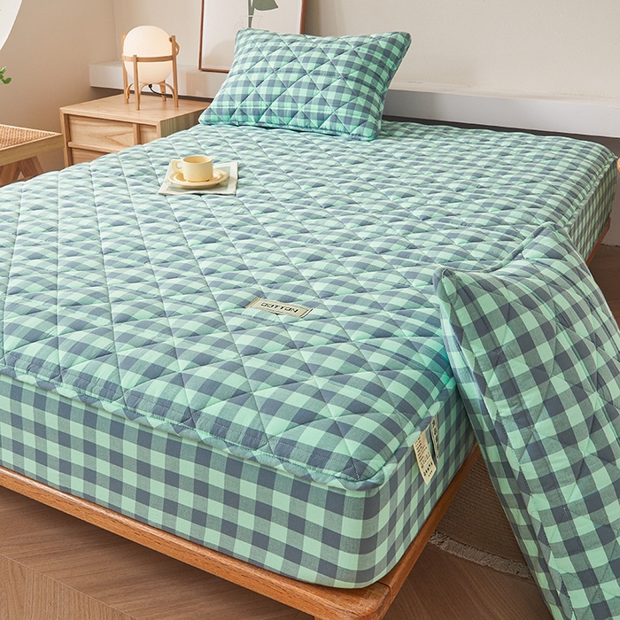 91家纺网 家纺一手货源 找家纺 3C 2024新款全棉水洗棉色织大豆夹棉抗菌床笠 妍彩翠灰