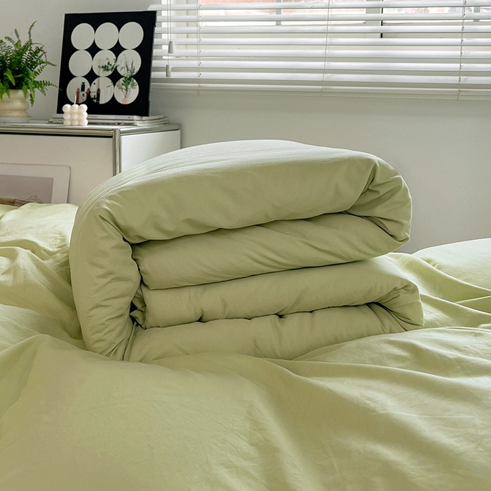 91家纺网 家纺一手货源 找家纺 贝拉梦家纺 2024新款褶皱炒鸡糯纯色水洗棉学生床三件套 香草冰激凌